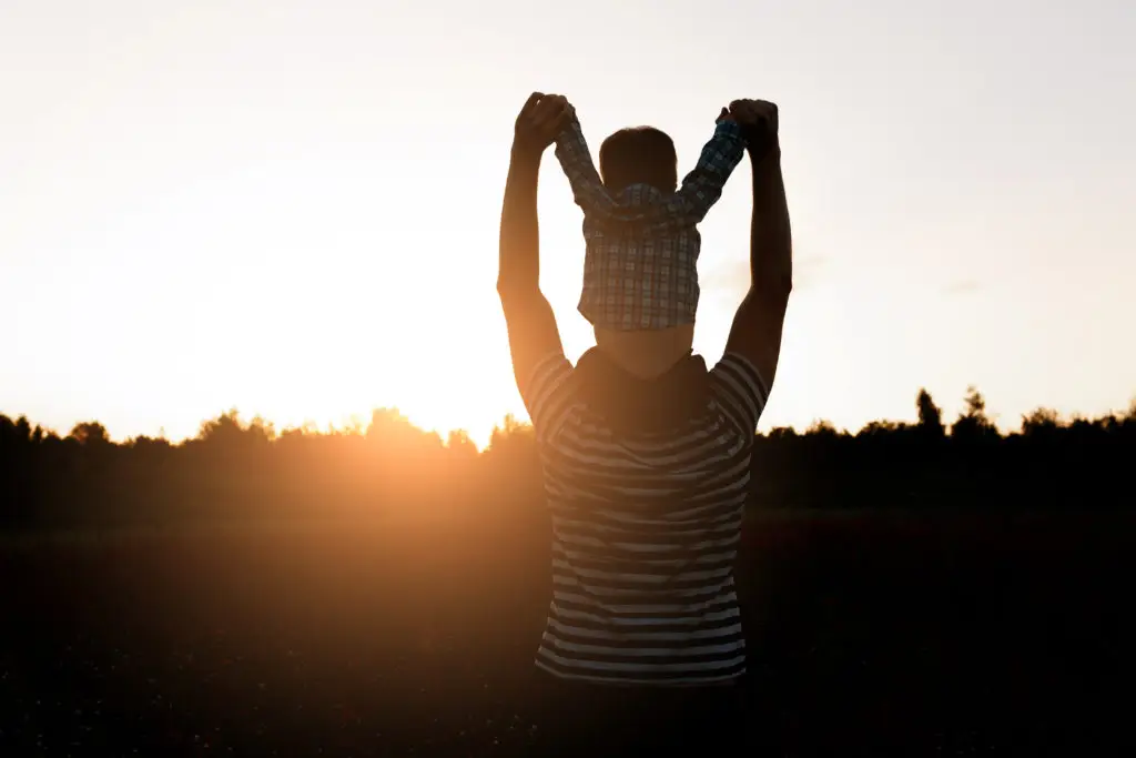 Father and son walking on the field at the sunset time, boy sitting on mans shoulders. Concept of friendly family