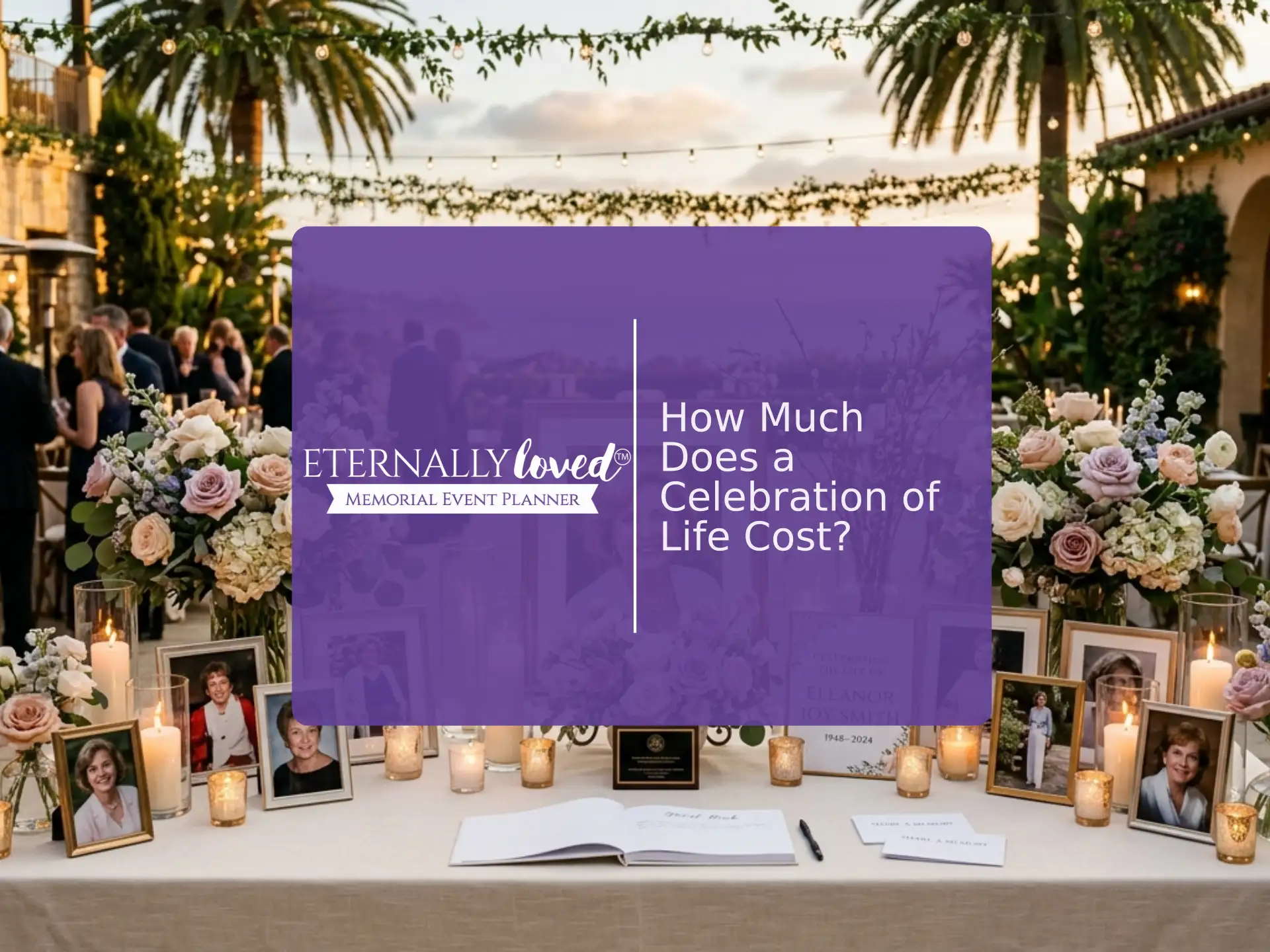 Elegant celebration of life setup with flowers, photos, and candles at a Southern California venue | Eternally Loved