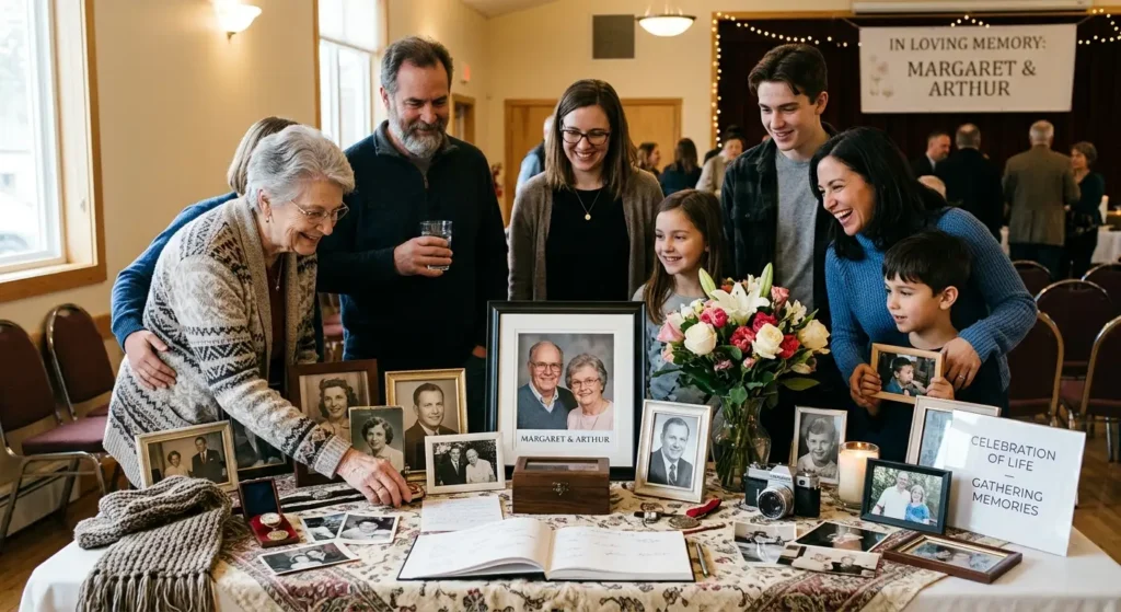 Family gathered around a memory table with photos and personal items at a celebration of life | Eternally Loved